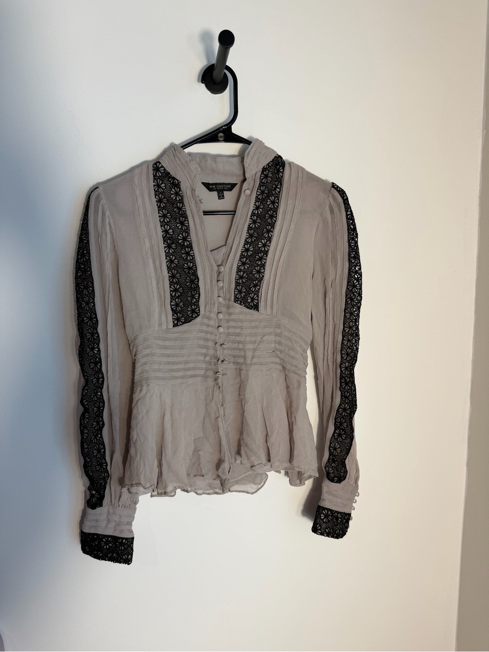 MM Couture Taupe Blouse with Black Lace Trim